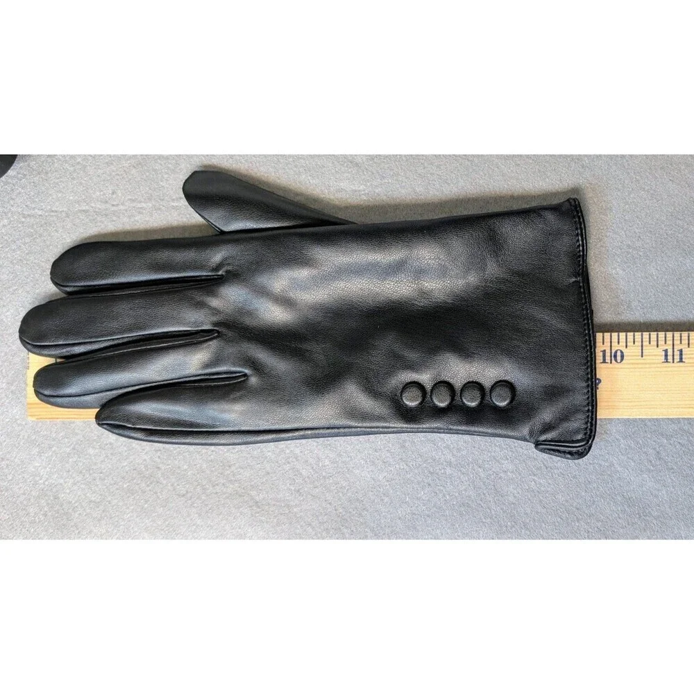 Womens Black Driving Gloves Size M PU Leather Wool Lined Classic Button Detail